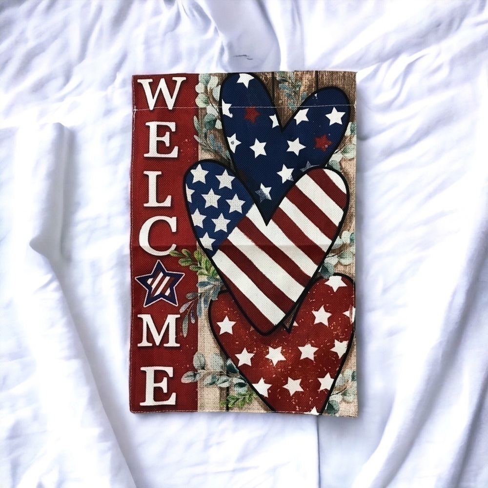 American Burlap Garden Flag Welcome Hearts Stars Stripes Patriotic 4th O…